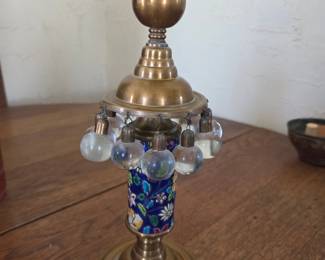 Brass Candlestick with Cobalt Blue Enameled Column and Crystal Droplets