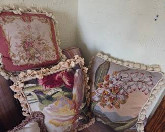 Set of Three Vintage Aubusson Floral Needlepoint Pillows with Tassel Trim