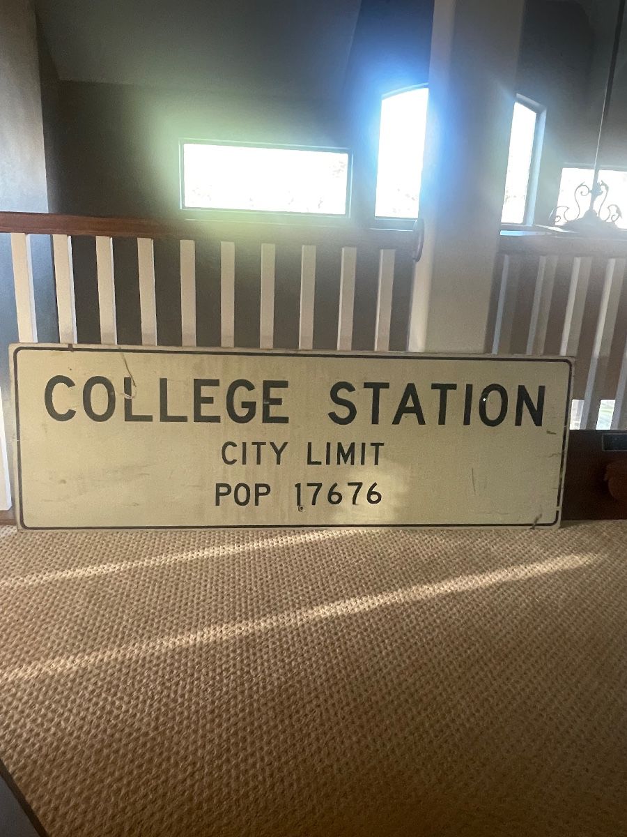 Original College Station City Limits sign 1970. Just beforesigns were changed from black and white to green and white. True Auggie collectable!