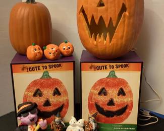 Halloween decor, lighted pumpkins