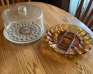 Vintage cake plate & amber glass egg plate