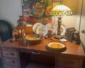 Mahogany desk with Dryden studio pottery, old maple travel desk and stained glass lamp . Also a Eugene Carter Camp abstract