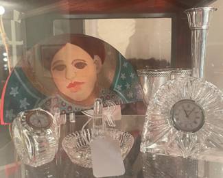 Original Barbara Gallagher painting with more Waterford clocks and sterling