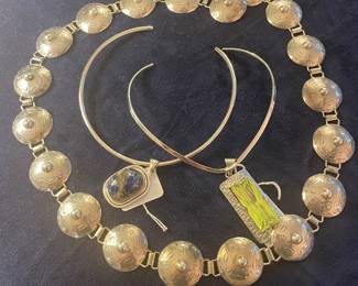Sterling southwestern belt and sterling and gemstone pendant necklaces