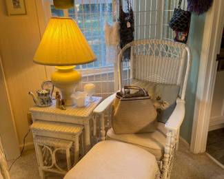 Vintage wicker armchair and ottoman