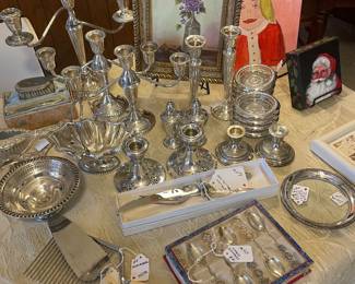 Group of sterling with Tigjo Price still life and Lydia Holley Mrs Claus painting 