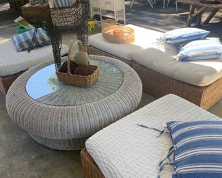 1960’s mod round wicker coffee table with 4 wicker ottomans