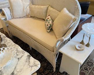 Vintage wicker loveseat and 2 painted benches 