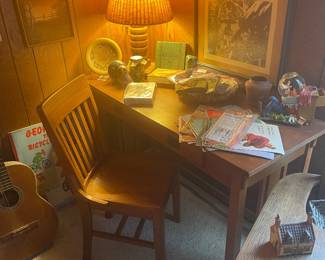 Mission style oak computer desk with vintage toys and collectibles