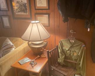 Mid century Lane end table with child’s oak armchair