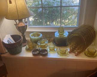 Window seat with a set of Madrid depression glass dishes
