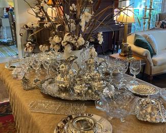 Stunning table of silverplate serving pieces and Towle crystal goblets 