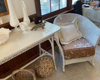 Signed Brooks and Sons 7 ft wicker table and 1920’s wicker rocker