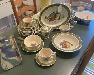 Metlox Poppytrail “ Fruits” dinnerware set on painted pine farm table