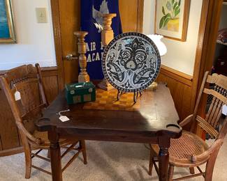 Ethan Allen game table with chess board inlay and a pair of Eastlake walnut cane bottom side chairs. Pendleton Air Firce Academy blanket 