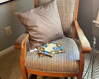 Vintage oak upholstered rocker and needlepoint foot stool 