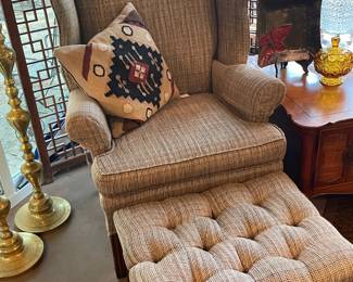 Chinese Chippendale mahogany wingback with matching foot stool