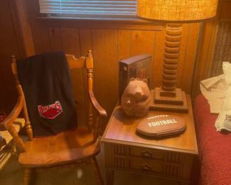 Maple rocker and turned oak mid century lamp