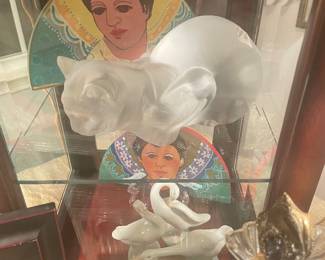 Original Barbara Gallagher paintings , Lalique cat, and Llardro geese figurines