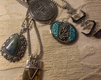 Artist signed southwestern and Mexican sterling pendant necklaces