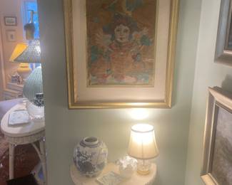 Camilla Armstrong angel collage with wicker table and small Waterford lamp
