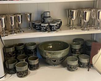 Silverplate goblets and Oriental pottery 