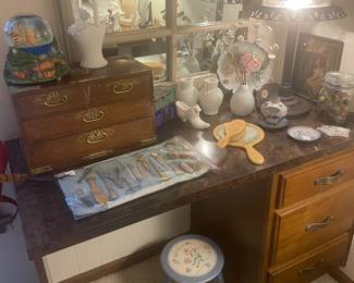 View of desk top of vintage items