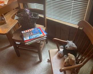 Child’s oak school desk and maple child’s rocker