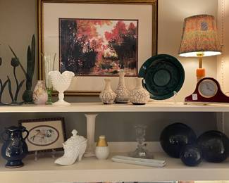 Karen Chin watercolor on top shelf and Fenton