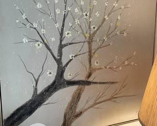 Mid century modern abstract cherry blossom painting by J Keane