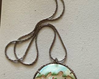 Vintage Necklace – Painted Porcelain Pendant With Sterling Silver Chain