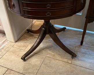 Antique leather top barrel table with drawer