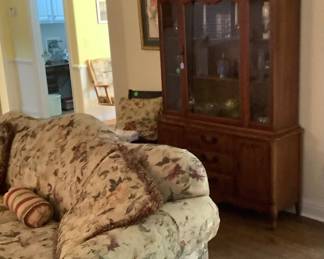 Glass French Provincial China cabinet with glass doors, doors on bottom, 3 drawers,  49”  depth, 69” tall, 15” depth, Pruce:  $325.00