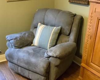Lazy Boy oversized recliner in blue.  Price: $185.00.  It rocks also.
