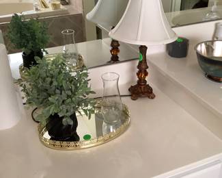 Plant on gold and glass tray in bathroom.