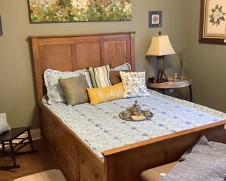 Full size,of bed with all the drawers.  No mattress, but you do not need a box springs.  Has 6 small drawers on one side, 3 large drawers on other side.  Great for a quest or children’s bed.  Price: $160.00