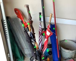 Walking staffs, walking canes and umbrellas.