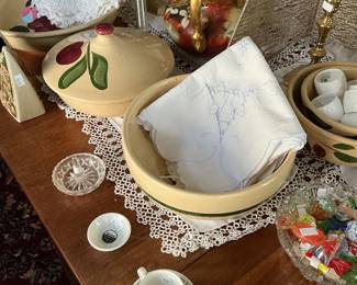 Watt pottery, card table cloths, doilies