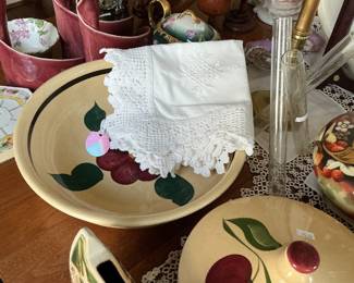 Watt pottery, doilies, card table cloths