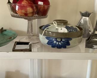 Glass compote, fruit, metal objects