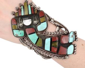 Lot 349: HUGE Vintage Zuni Rainbow Man Inlay Cuff Bracelet