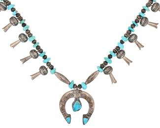 Vintage Navajo Turquoise Squash Blossom Necklace