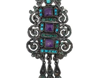 Lot 402: Matilde Poulat MATL Amethyst and Turquoise Dangle Brooch