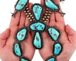 Lot 271: HUGE Signed Navajo Turquoise Squash Blossom Necklace 465g!