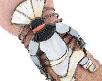 Lot 201: HUGE Signed Zuni Shalako Warrior Inlay Cuff Bracelet