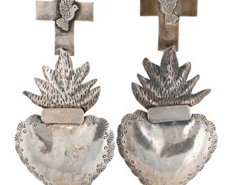 Lot 384: Amazing Federico Jimenez Huge Flaming Sacred Heart and Cross Earrings