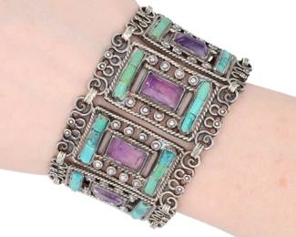 Lot 403: RARE Matilde Poulat MATL Taxco Mexico Amethyst and Turquoise Panel Bracelet