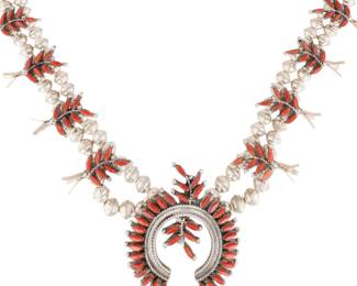 Lot 289: Evangeline Edaakie Zuni Coral Squash Blossom Necklace