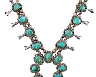 Lot 381: Vintage Navajo Turquoise Squash Blossom Necklace