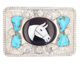Lot 154: Isabelle Simplicio Zuni Horse Inlay Belt Buckle